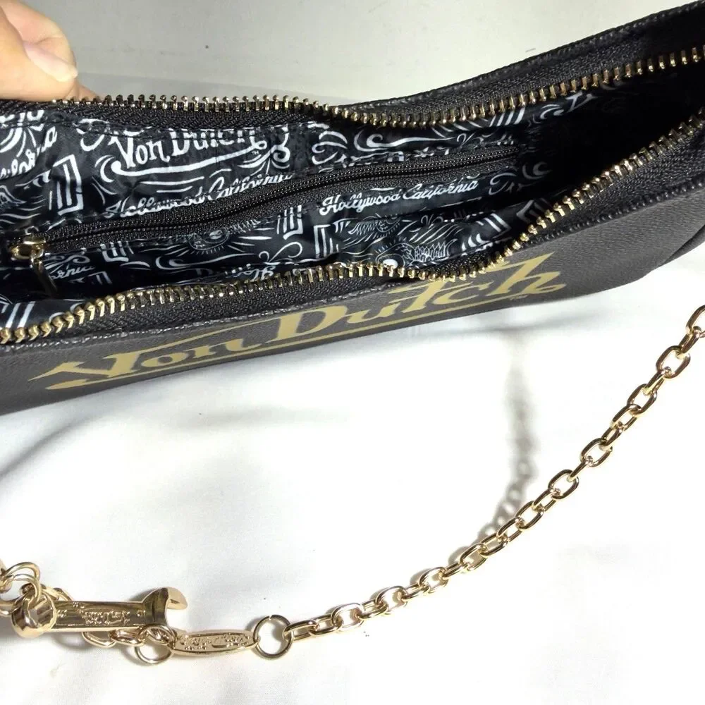 Von Dutch Classic Black Vegan Patent Logo Shoulder Bag Chain Wrench Charm NWOT